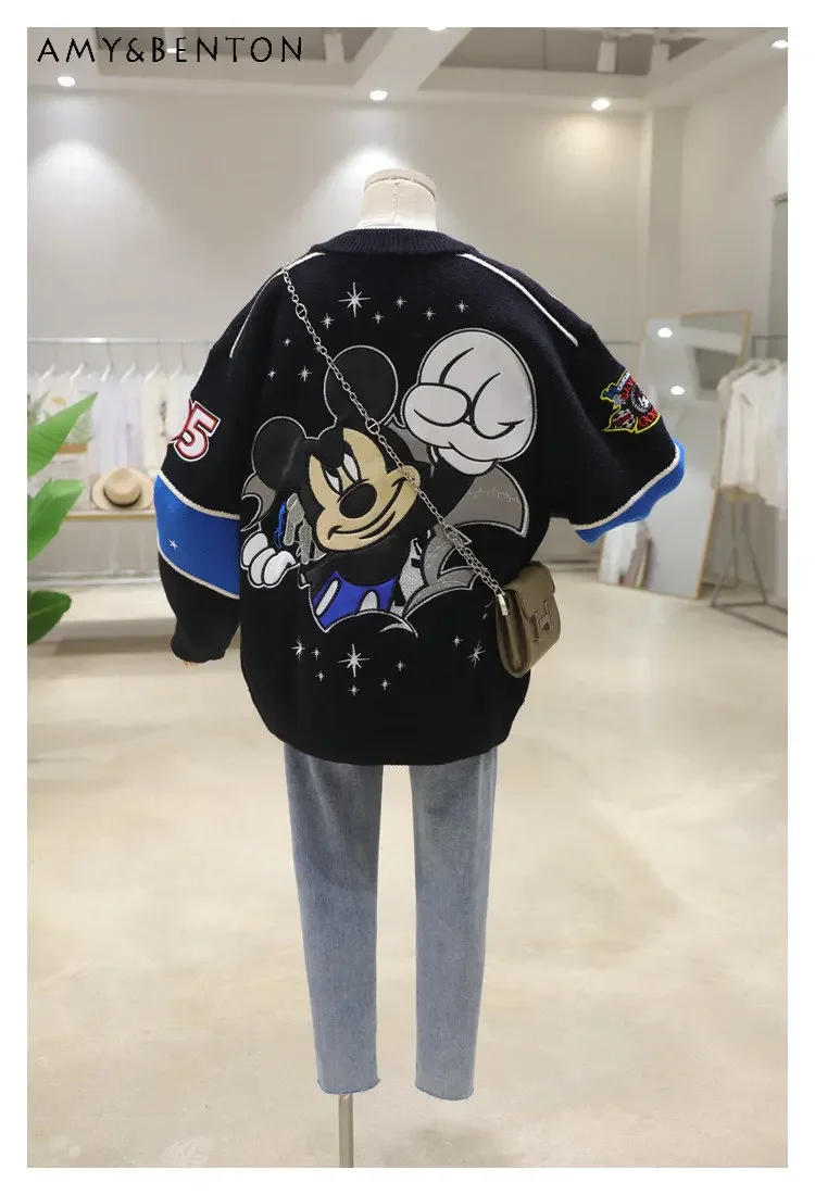 Potdemiel Heavy Industry Cartoon Embroidery Early Spring Loose Thickening Keep Warm Baseball Uniform Sweater Coat for Women
