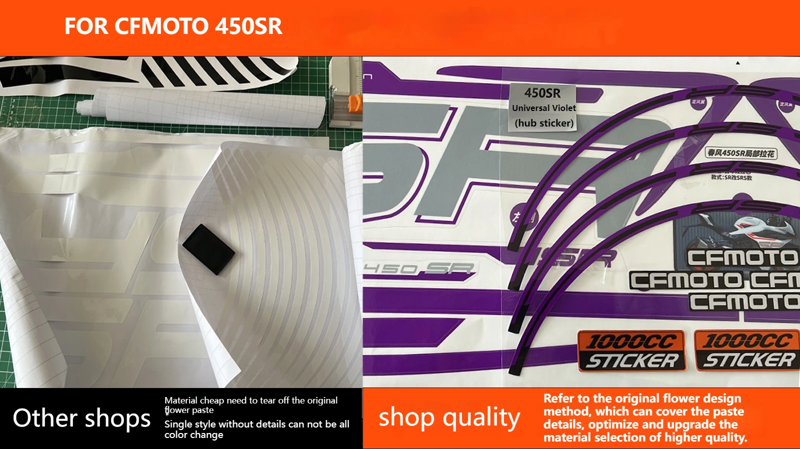 Untuk CFMOTO 450SR stiker latte art body sepeda motor perubahan warna tahan air dekoratif stiker mobil dimodifikasi violet