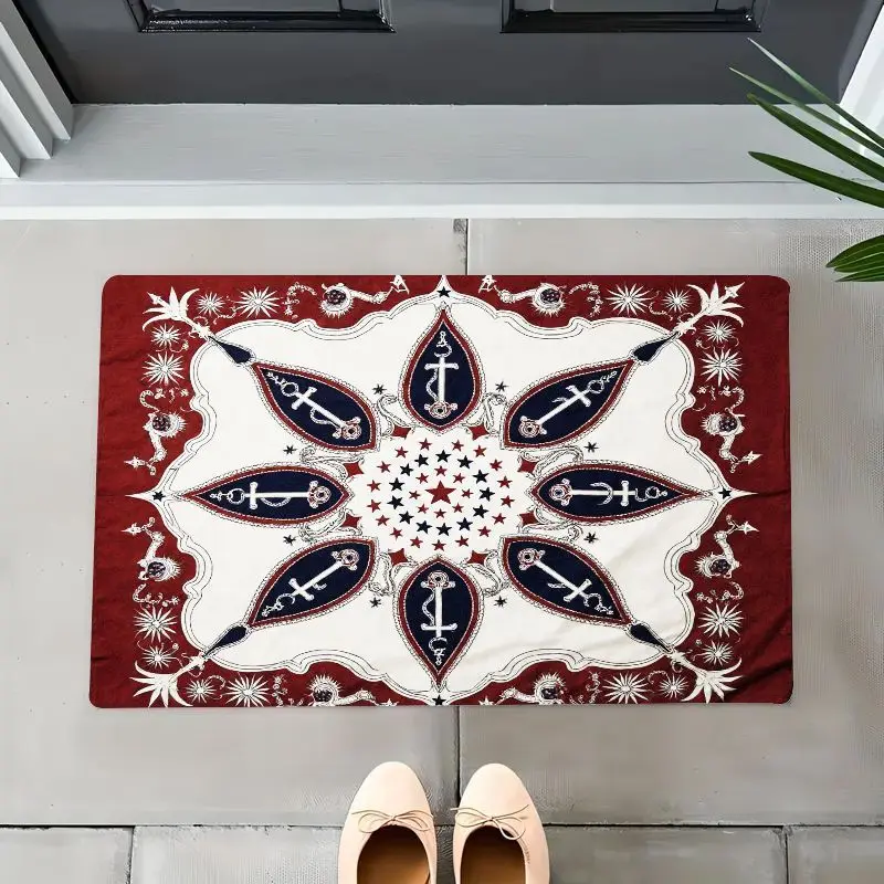 Nautical Anchor Door Mat, Red & White Geometric Pattern, Vintage Maritime Welcome Rug, Non-slip Entrance Floor Mat Coastal Decor