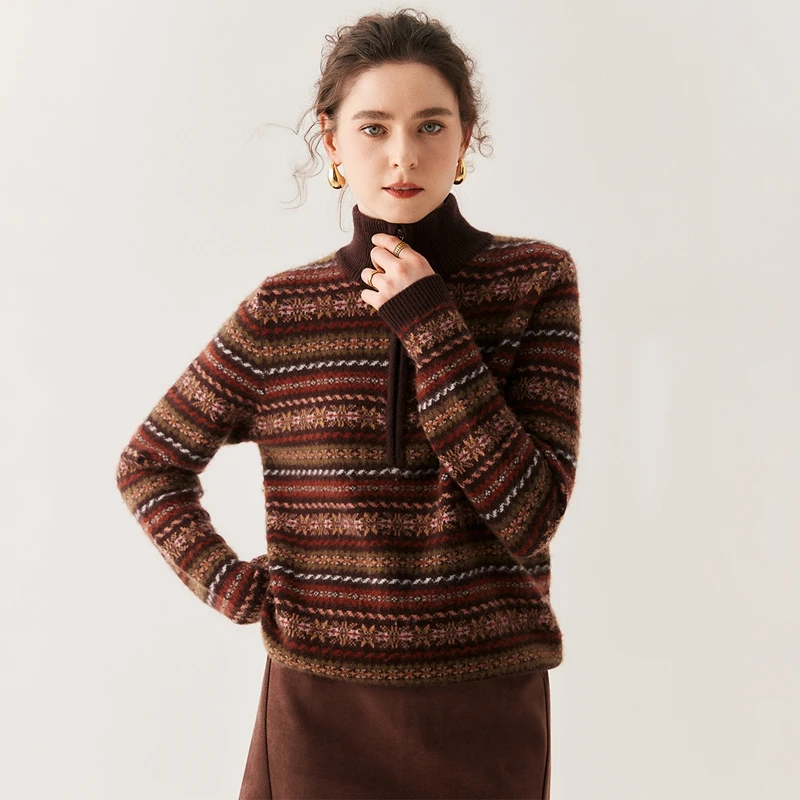 

ANGEL Women 100% Cashmere Knit Sweater Thickness Turleneck Long Sleeve Pullover Autumn Winter Vintage Style Striped Jumper Tops