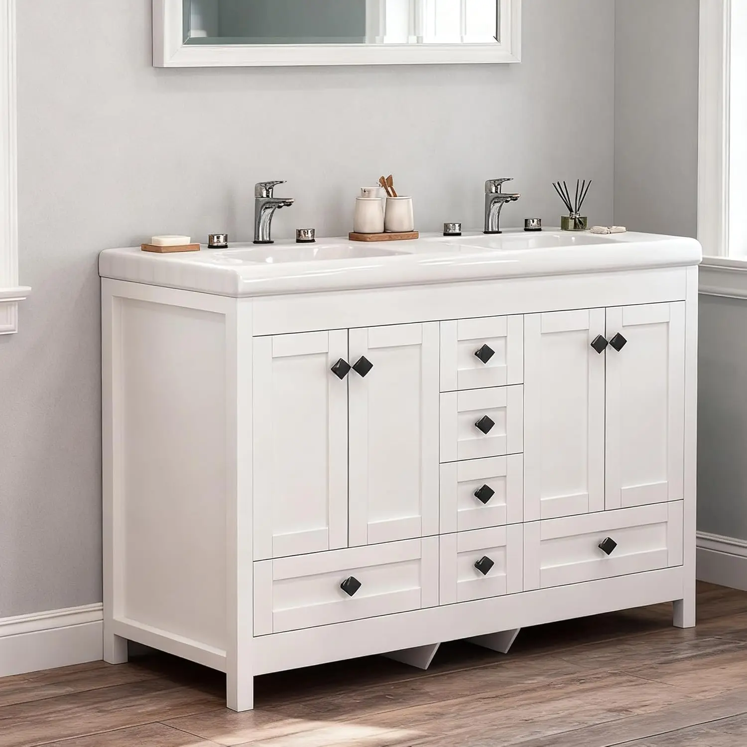 

51in Double Vanity Sink Set 2 Cabinets 6 Drawers Dual Basin Modern Bathroom Storage Cabinet White Customized