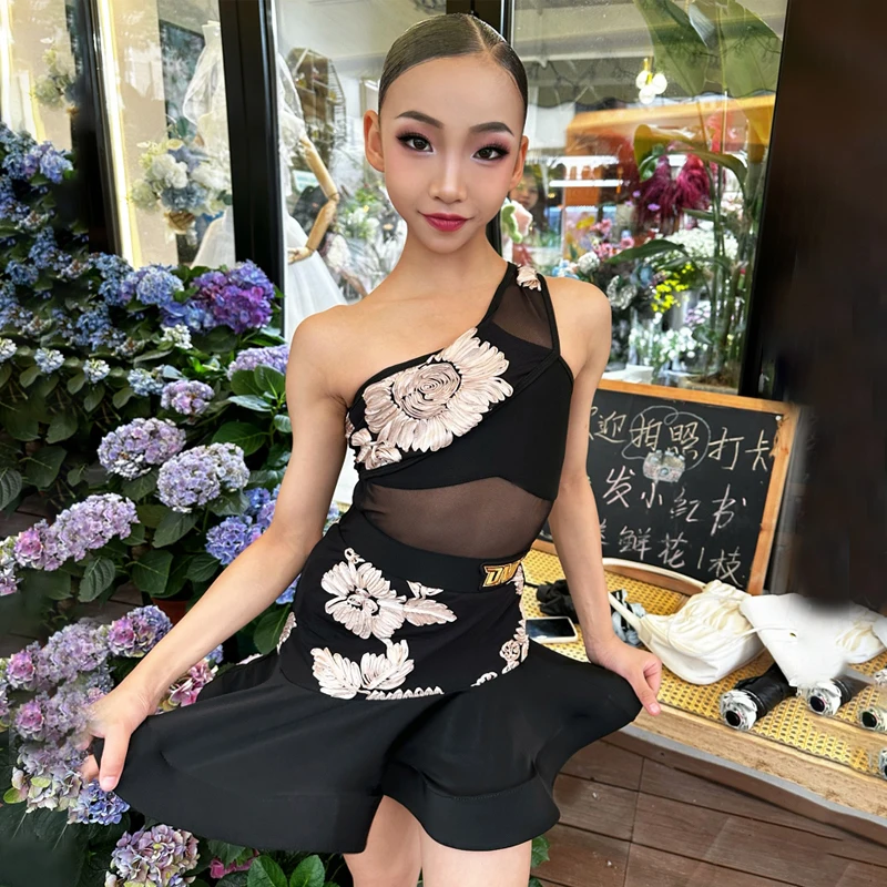 

New Latin Dance Costumes Girls Black Oblique Shoulder Latin Dance Performance Clothes Kids Competition Samba Dancewear SL10286