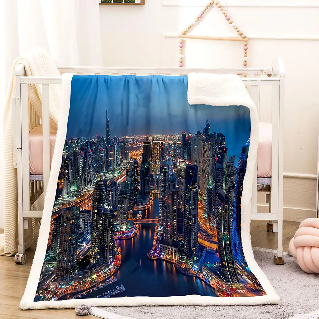 

HUANZHUANG Fashion Art 3D Hd Printed Night View Of Urban High-Rise Buildings Blanket Bedroom Soft Bed Sheet Plush Sleeping Blan