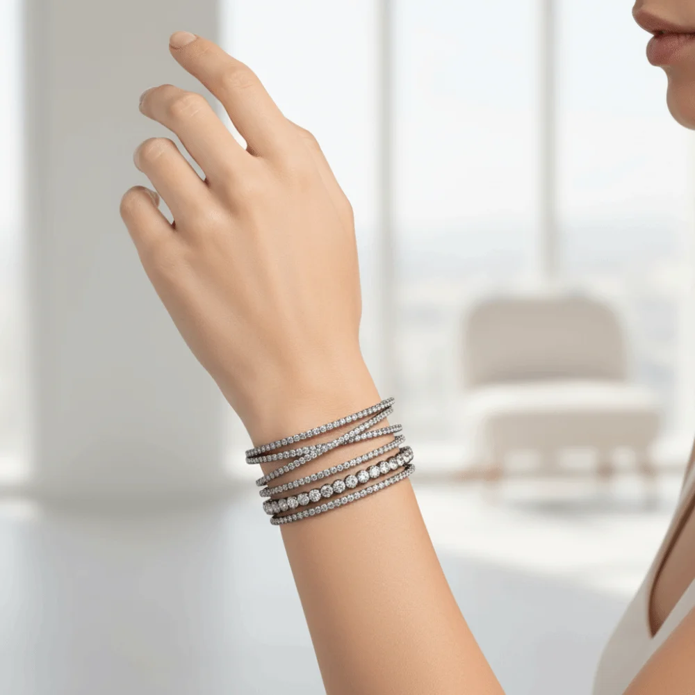 Alloy Multi-layer Rhinestone Cuff Bracelet Dark Grey Stretch Opening Brushed Bangle Irregular Jewelry Silver Wrist Circle Bridal