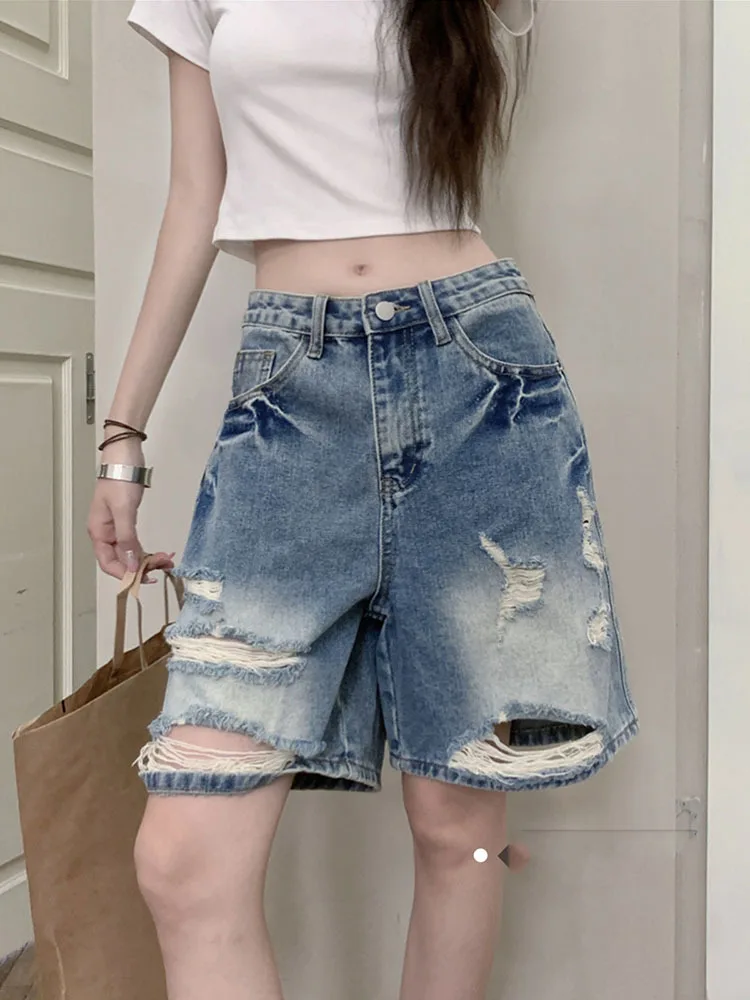 Street Washed Blue Denim Shorts Y2k E-Girl High Waist Loose Wide Leg Jeans 2024 New Hole Straight Knee-Length Pants