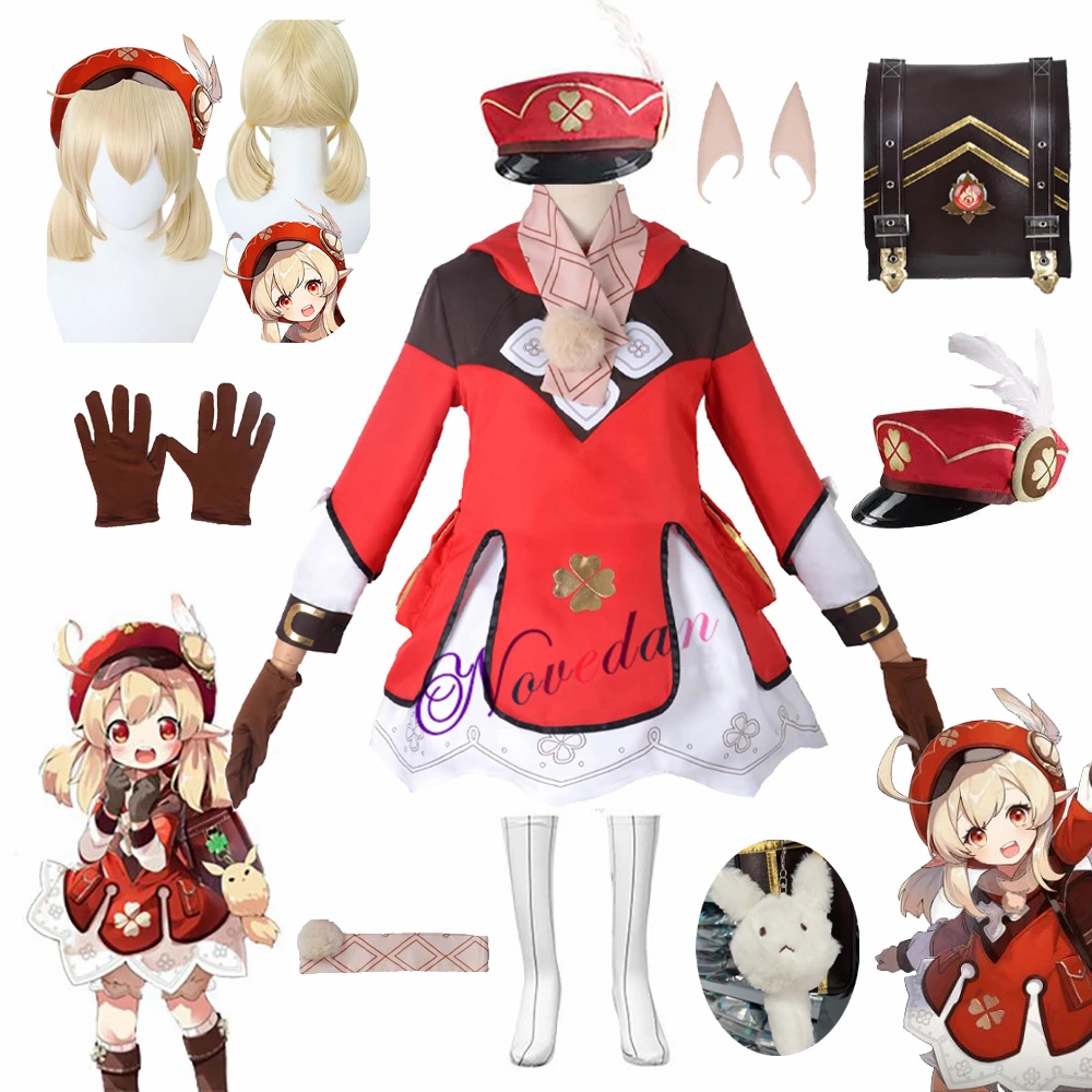 Game Genshin Impact Cosplay Klee Cosplay Kids Child Costume Wig Hat Full Set Cute Loli Dress Plus Size Klee Wig Hair Backpack