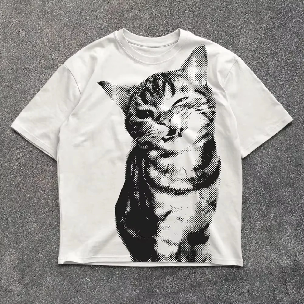 T-shirt d'été style Harajuku imprimé avec des lettres, style Y2K, T-shirt imprimé chat pour femme, T-shirt d'été en coton pour homme et femme