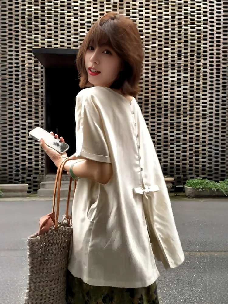 plus Size Women's T-Shirt Black Casual Style  Knot Button Short Sleeve Loose Fit Spring Summer New Arrival