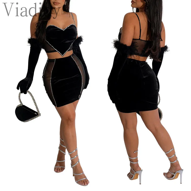 Women Sexy Solid Color Sheer Mesh Patchwork Velvet Top and High Waist Skirt 2pcs Set