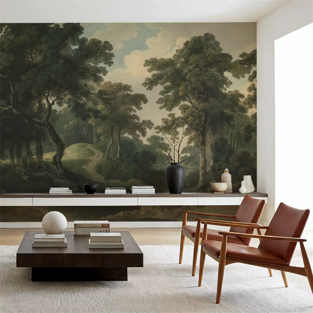 Custom sized wallpaper with peaceful forest scenes, tall trees covered in rich green leaves, shrubs, nostalgia and eternal mural