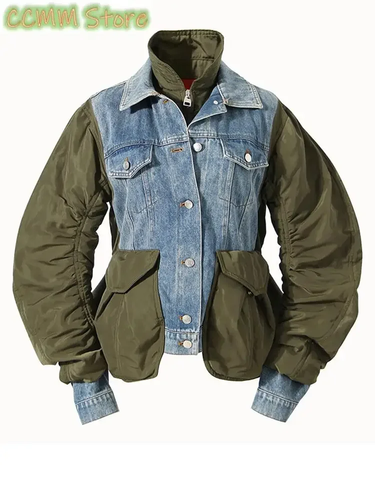 

Blue Denim Color-block Big Size Jacket New Stand Collar Long Sleeve Women Coat Fashion Tide Spring Autumn