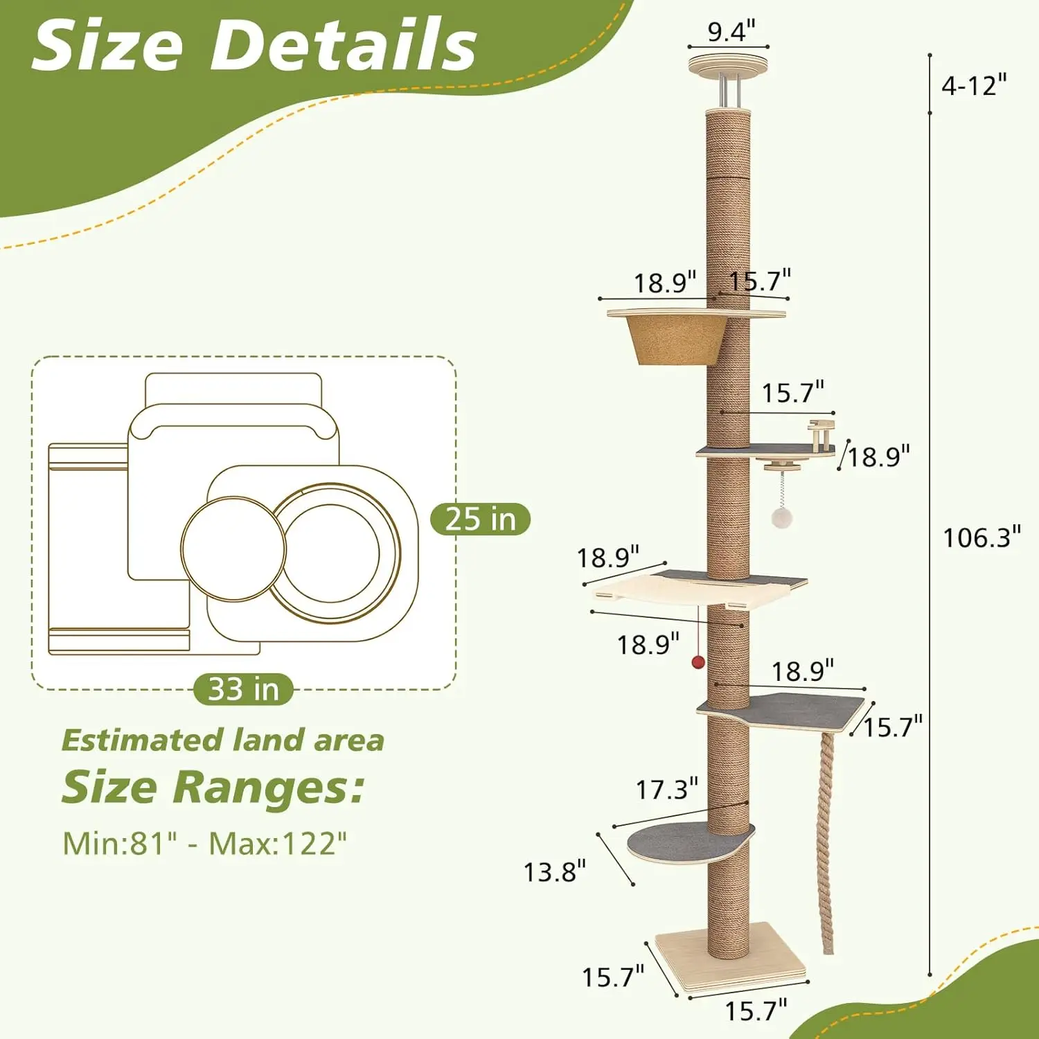 Indoor Cat Use, Wood (Implied), Neutral Color, Adjustable Height, 5 Tier, Solid Structure, Multiple Accessories