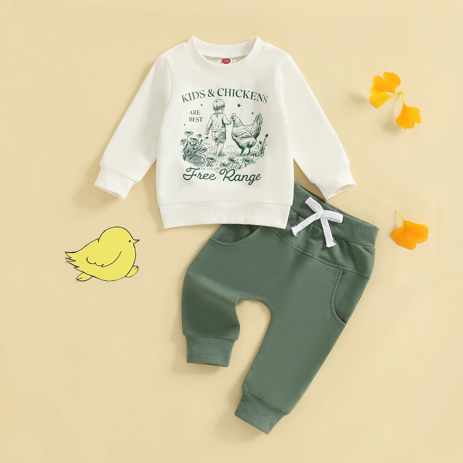 

Lioraitiin Toddler Baby Boys Fall Set Kid and Chicken Print Long Sleeve Round Neck Pullover Bow Pants with Pocket 2Pcs Outfits