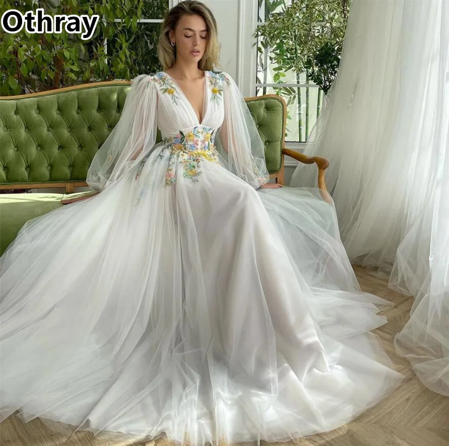 Othray-Robe de mariée en dentelle florale, coupe trapèze, manches longues bouffantes, fendue sur le devant, pour les patients, quel que soit le style Boho, 2024