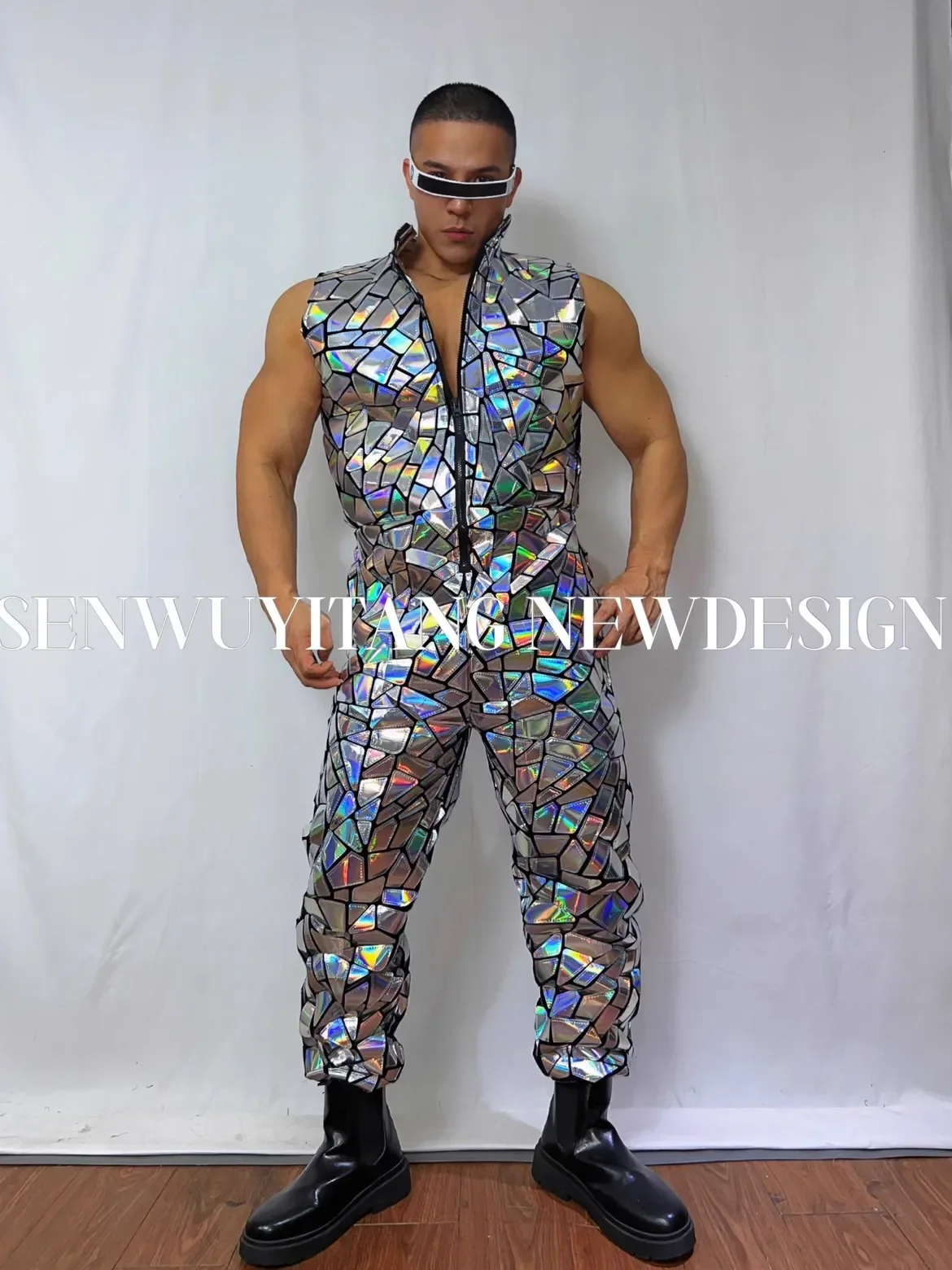 Hip Hop Costume Dancer Groups Singer  Bar Nightclub Stage Clothing Sliver Long Sleeve/Sleeveless Glitter Laser Sequins Jumpsuit