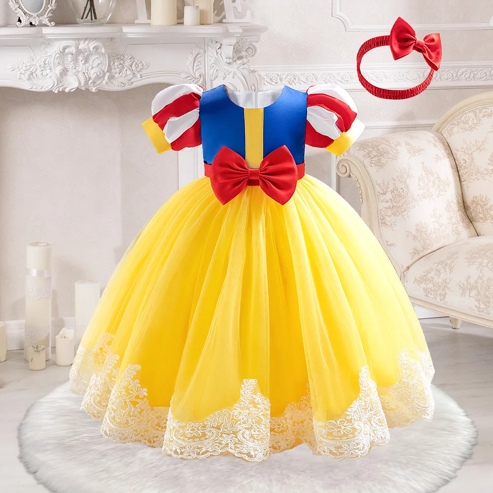 

Girls Princess Dress With Head Ornament Toddler Girl Snow White Dresses Baby 2pcs Yellow Tutu Gown Kids 1st Birthday Costumes