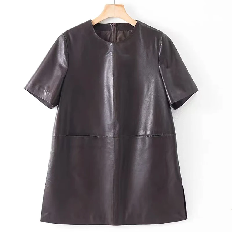 French Classic Leather T-Shirt for Women Summer Sheepskin Straight Tube Long Top Mujer O-neck Short Sleeve Pockets Blusas