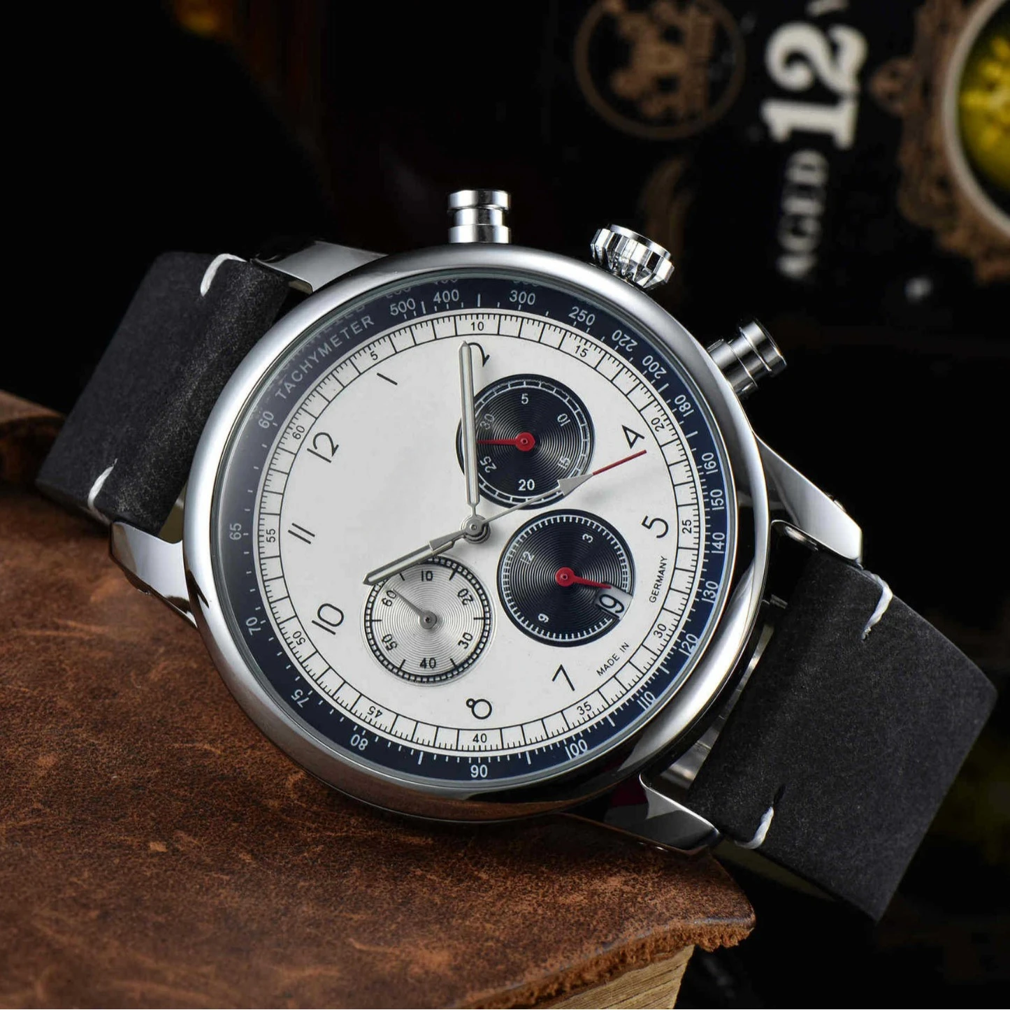 Stylish Men's Luxury 6-Needle Chrono Quartz Watch, Genuine Leather Band Water-Resistant Multifunctional Casual Dress Wristwatch