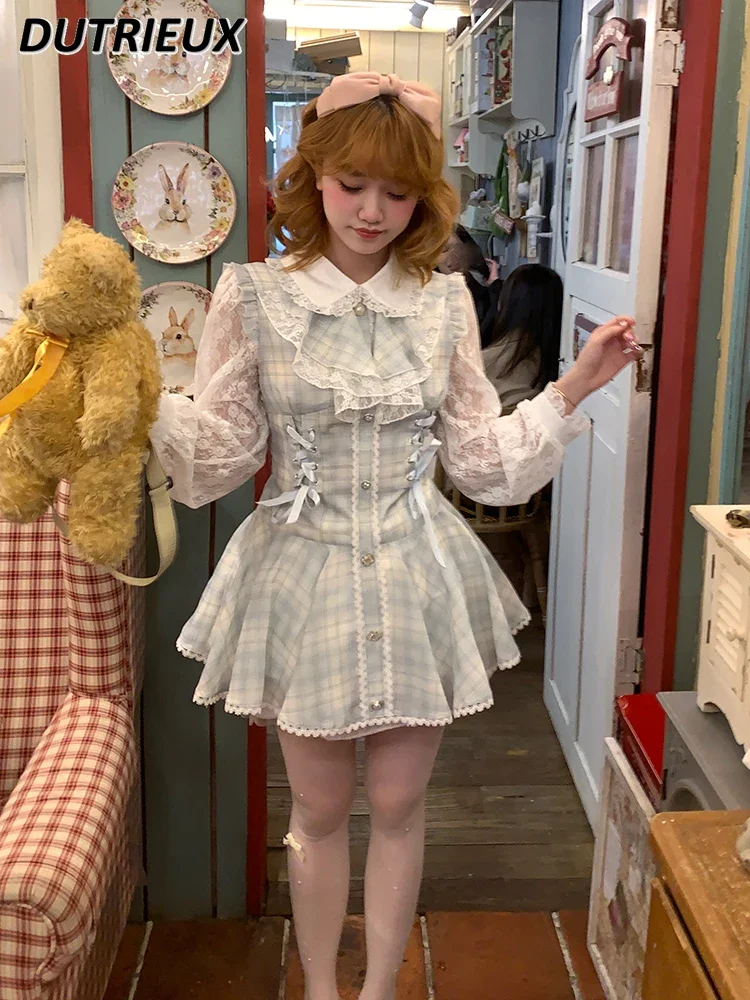 

Japanese Original Spring Summer Sweet Cute Girls Lapel Hollow Flower Short Dresses Plaid Lace Long-sleeved Slim-fit Dress
