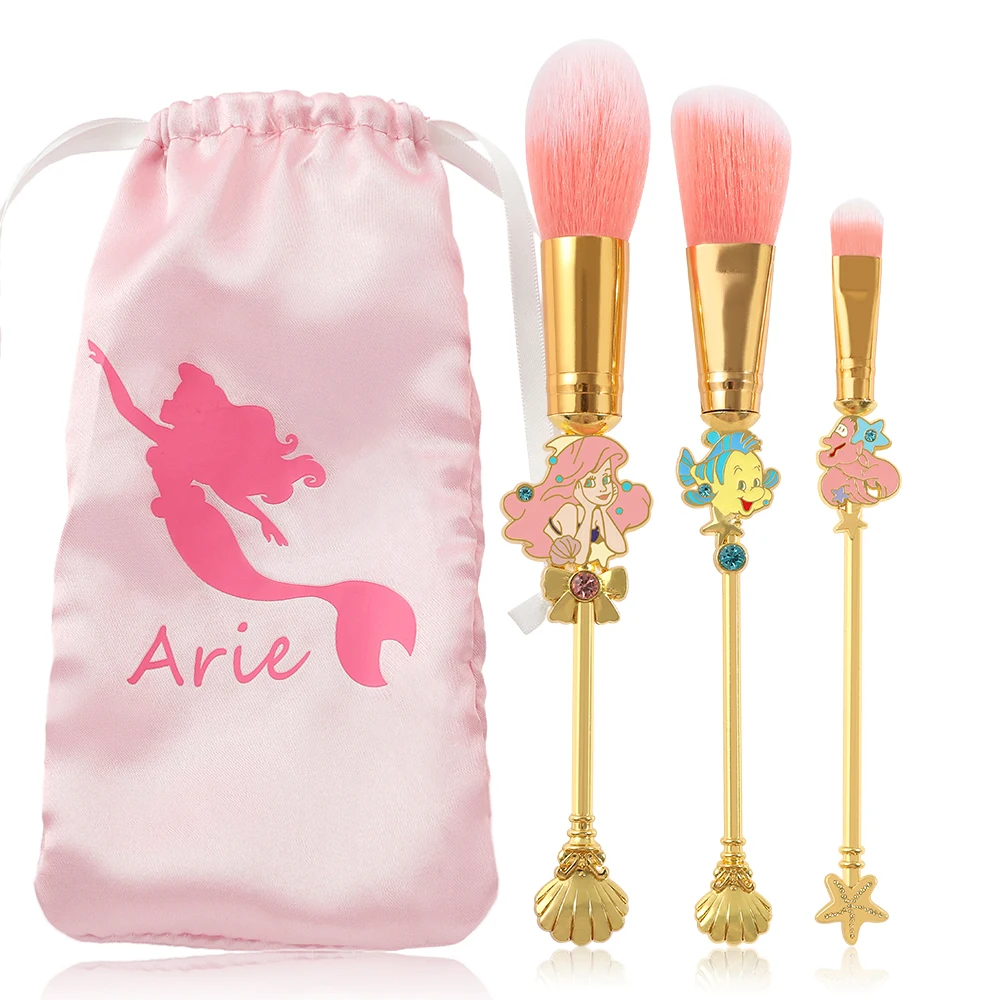 Juego de brochas de maquillaje de princesa La Sirenita de Disney, 3 uds., para mujeres y niñas, herramientas con asas de maquillaje de Metal bonitas de dibujos animados