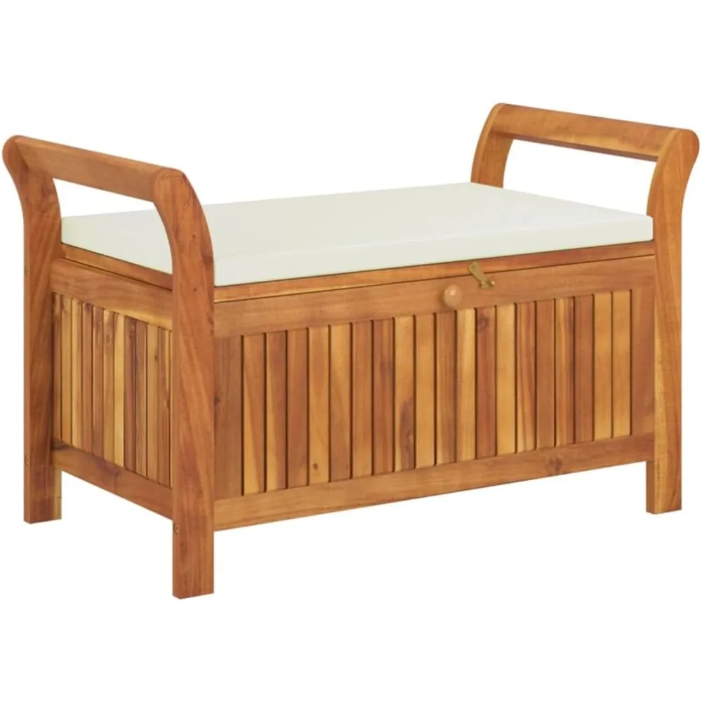 

vidaXL Outdoor Storage Bench-Cushioned Acacia Wood Patio Seat Box-Brown & Cream White-Garden Bench Organizer for Deck and Patio
