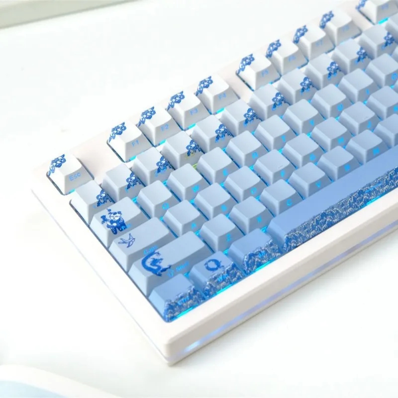 136key PBT Keycaps Cherry Highly Side-engraved Translucent Key Cap Blue and White Porcelain Custom Keycap or Mechanical Keyboard