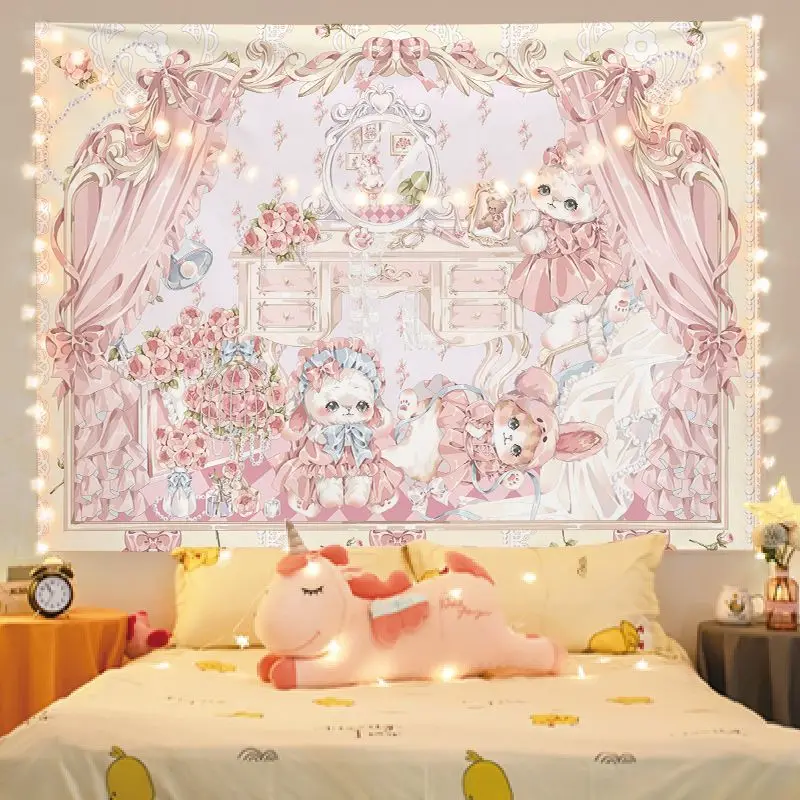VIKAMA Pink Lolita Rabbit Tapestry Vintage Bow Bear Cute Rabbit Room Cartoon Background Cloth Warm Tapestry Room Decoration