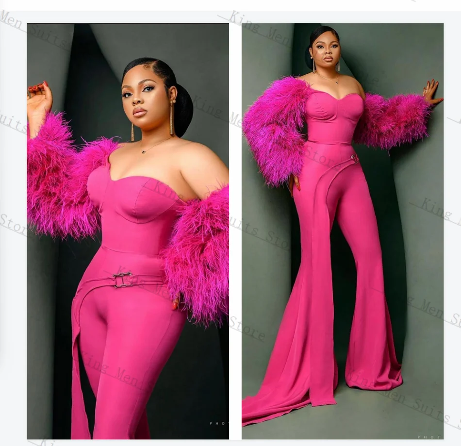 

Luxury Feather Women Suit Pants Set 2 Pieces Top Bra+Trousers With Long Train Customized Sexy Formal Wedding Tuxedos Party Coat