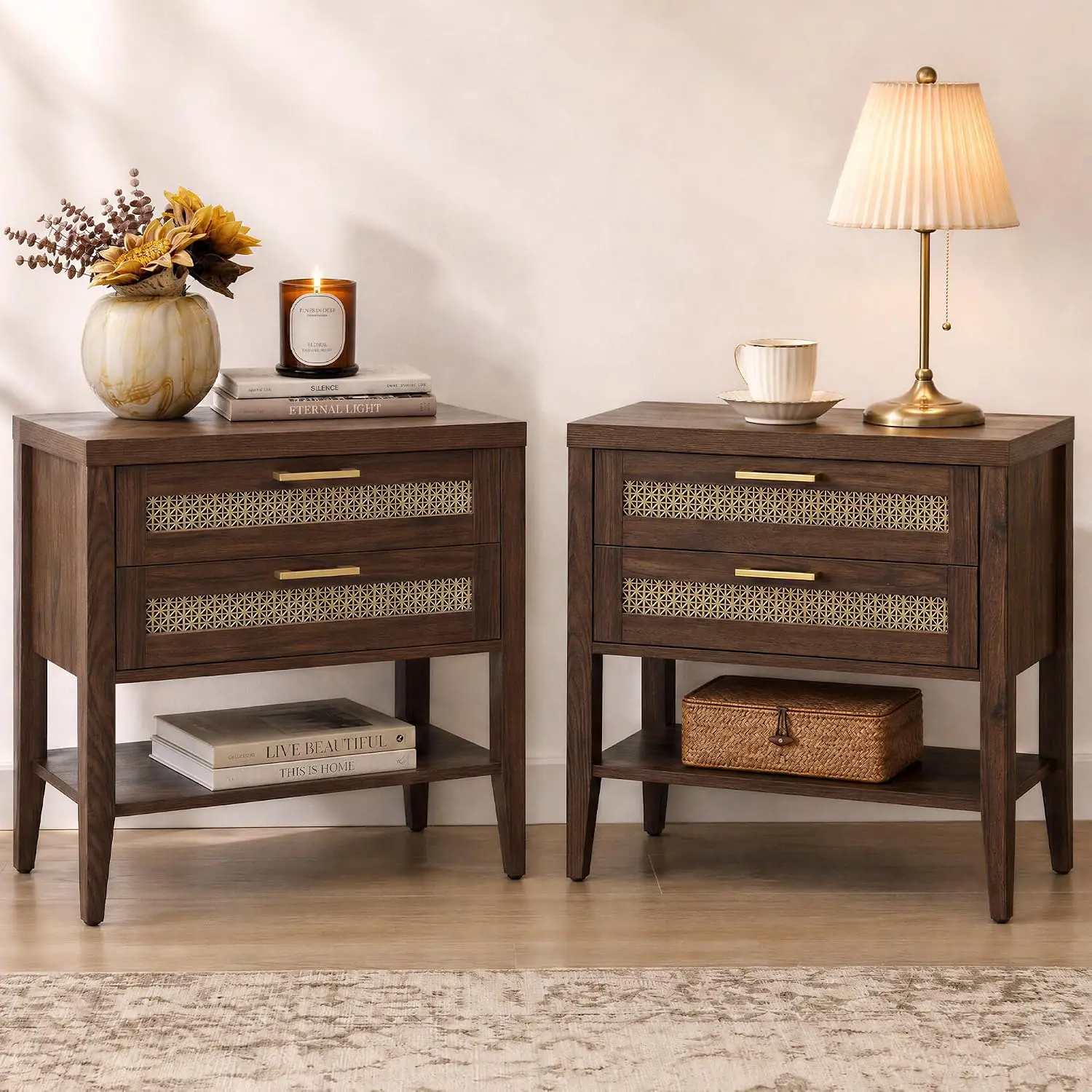 Rustic Nightstand Set Bedside Table Organizer With Storage Drawer And Open Shelf For Bedroom Living Room Guest Room, Mid Century Modern Accent Side End Table, Espresso Walnut, Two Pieces