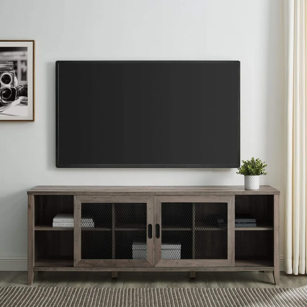 Industrial Farmhouse Sliding Metal Barn Door Wood TV Stand Storage Cabinet for TV's up to 80, 70 Inch, Grey view 3