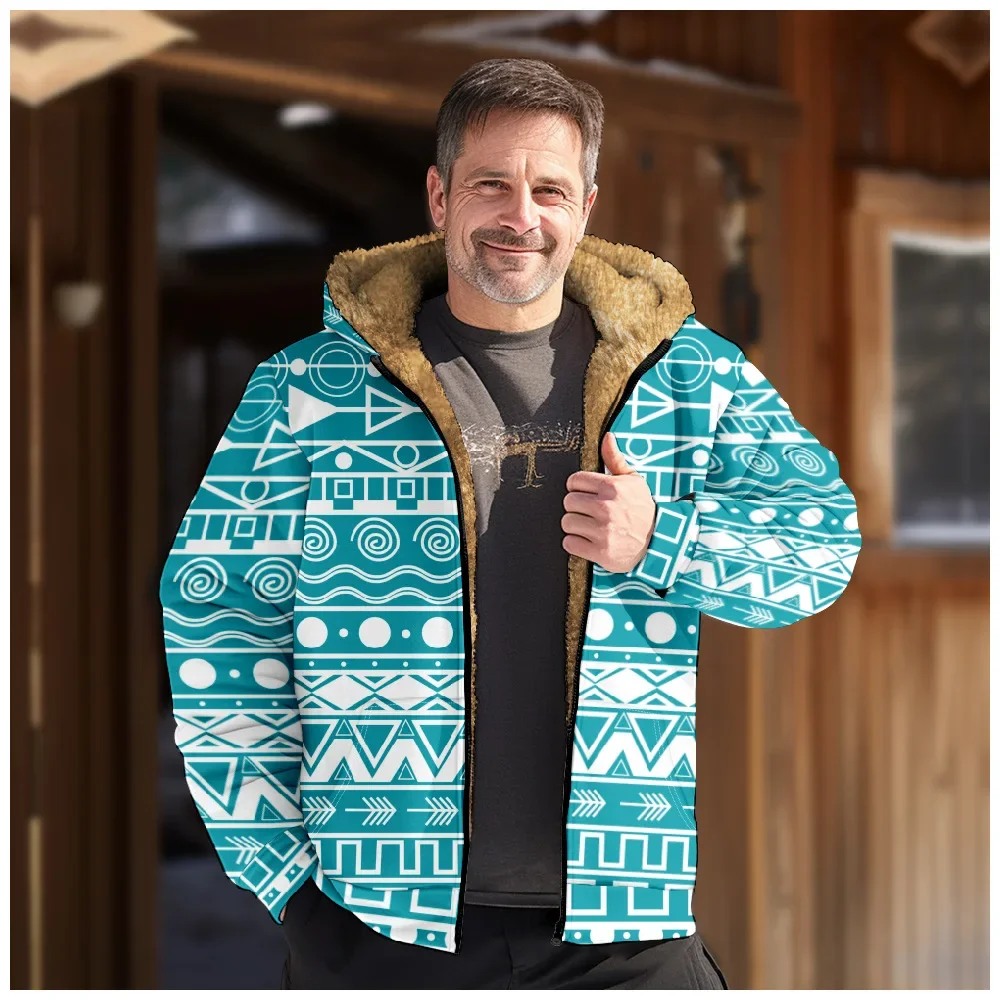 Men Winter Jackets Coats Retro Geometric Art Graphics Cardigans Printed Plush Thick Hunting Casual Streetwear Unisex Clothing