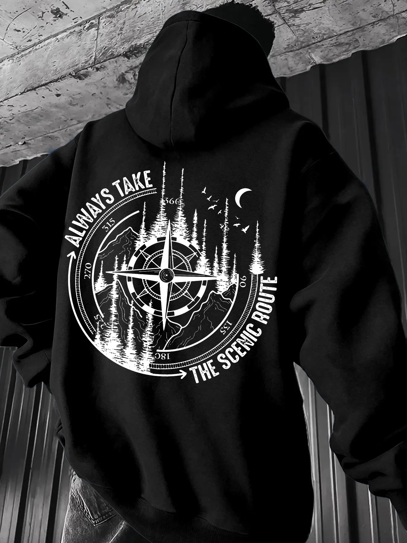 100% Polyester Men's Hoodie, Retro Compass Moon Bird Inspirational Print, Kangaroo Pocket Drawstring Sweatshirt S-3XL