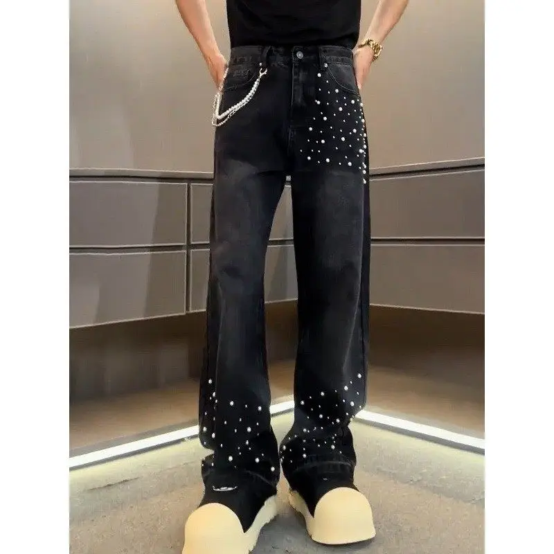 

Мужские джинсы свободного кроя с цепочкой, эффект стройности, осенняя новинка, стильные мужские...