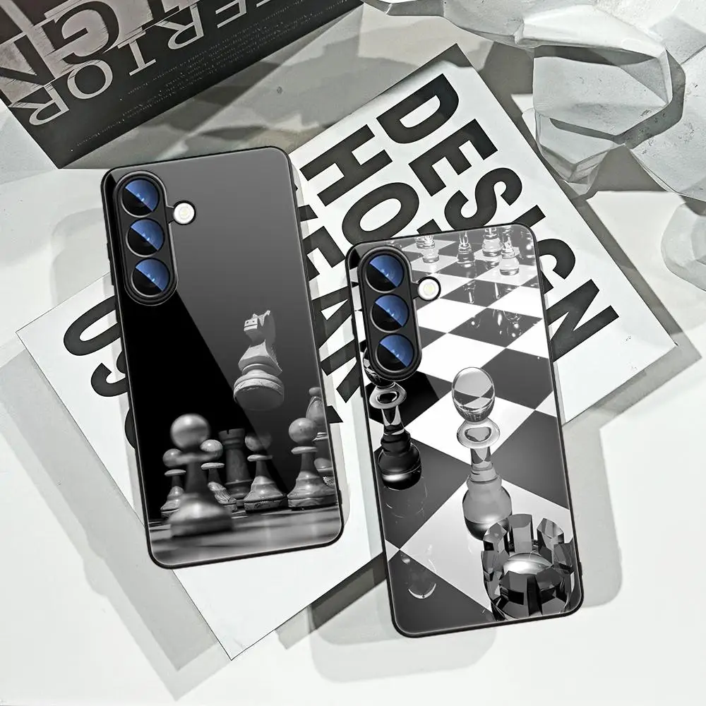 Chess Board Glass Phone Case For Samsung Galaxy S24 S23 S22 Ultra Plus FE A15 A25 HYBXAXC Resistant Hard Protective Back Shell