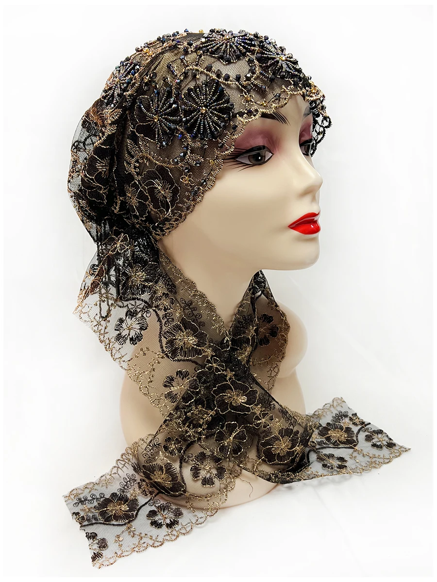 Ribbon Style Of 2025 Is A Mesh Fabric Bead Tube Paired With An Acrylic Diamond Thread Embroidered Hat For Dubai Arabian Women