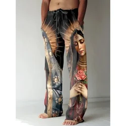 Mens Vintage Renaissance Virgin Mary Printed Casual Pants Art Wide Leg Pants Cool Summer Trousers Streetwear Men Women Clothing