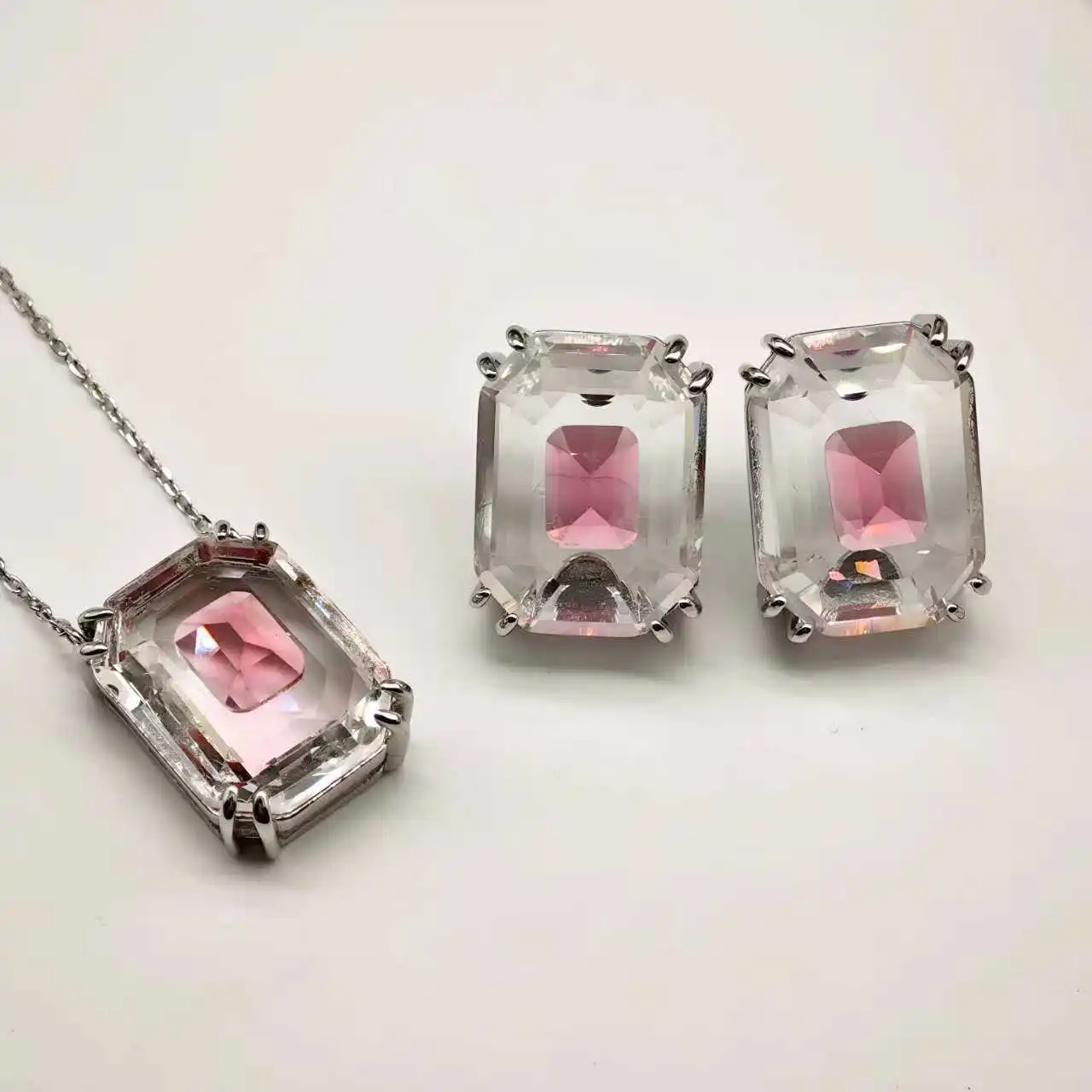 

Оригинальные серьги с розовыми кристаллами, ожерелье, женский элегантный роскошный брендовый подарочный комплект ювелирных изделий на День святого Валентина