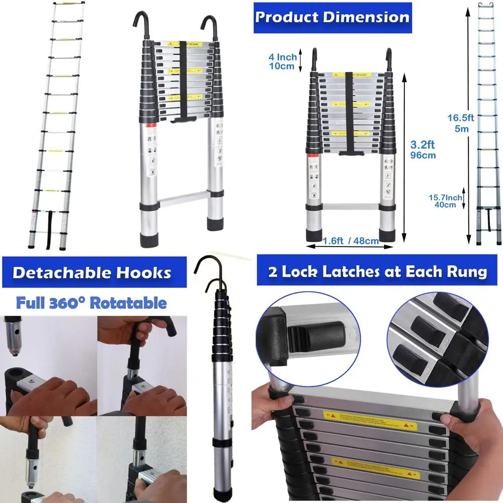 سلم تصغير من الألومنيوم - امتداد 16.5 قدمًا، 13 خطوة، محمول DIY، مطوي 3.2 قدمًا، شديد التحمل، مع خطافات قابلة للكشف #1