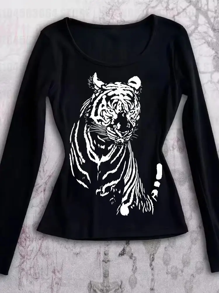 تي شيرت Y2K نسائي مضحك ورعب وممتع بنمط نمر مطبوع بأكمام طويلة مضحك يومي متعدد الاستخدامات