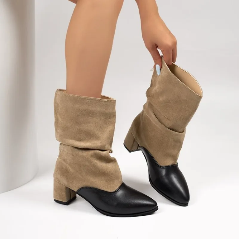 2026 women's small thick heel round head retro pleated pile boots versatile commuter western boots