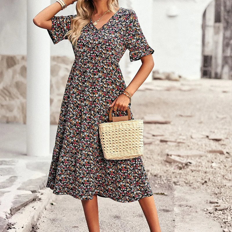 Boho Summer Women's V Neck Long Dress Elegant Floral Printed Short Sleeve High Waist A Line Casual Holiday Maxi Dresses Vestidos