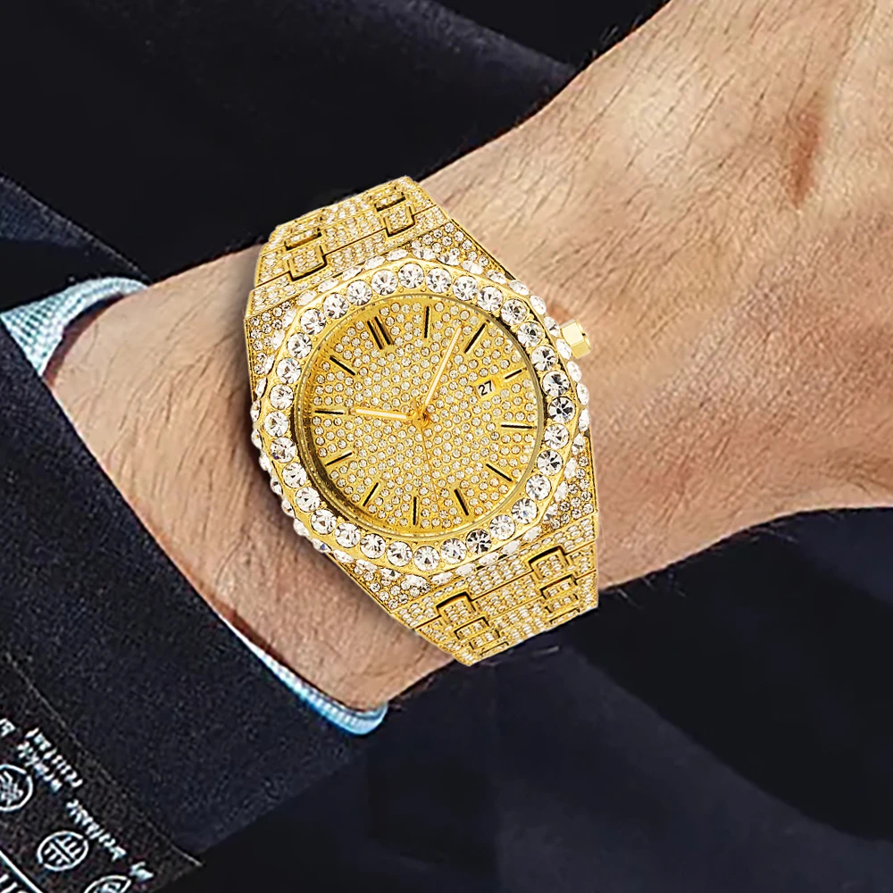 MISSFOX Luxury Iced Diamond Watch Men Automatic Date Fashion Waterproof Quartz Clocks Hip Hop Gold Jewelry Wristwatch Reloj 2023