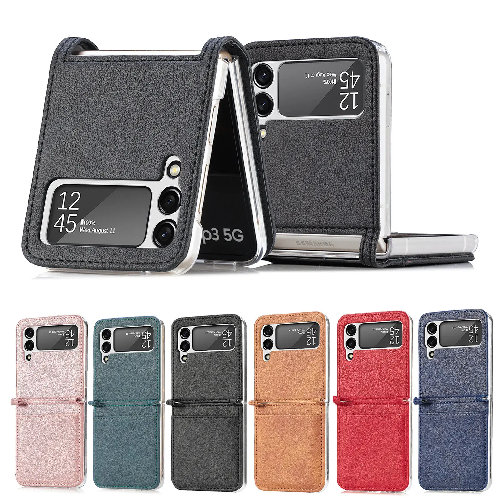 

Card Wallet Case for Samsung Z Flip 3 Hard PC Protective Cover For Galaxy Z Flip3 5G SM-F711B Leather Card Slot Phone Case