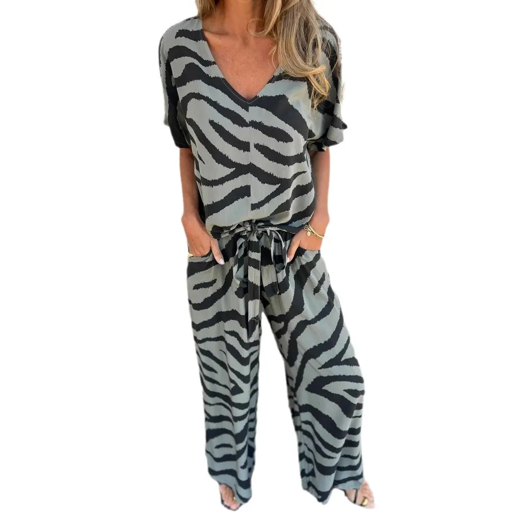 

New Fashion Printed V-neck Shirt + Wide-leg Pants Two-piece Sets Women Summer Casual Loose Top Lace-up Trousers Suit For Women