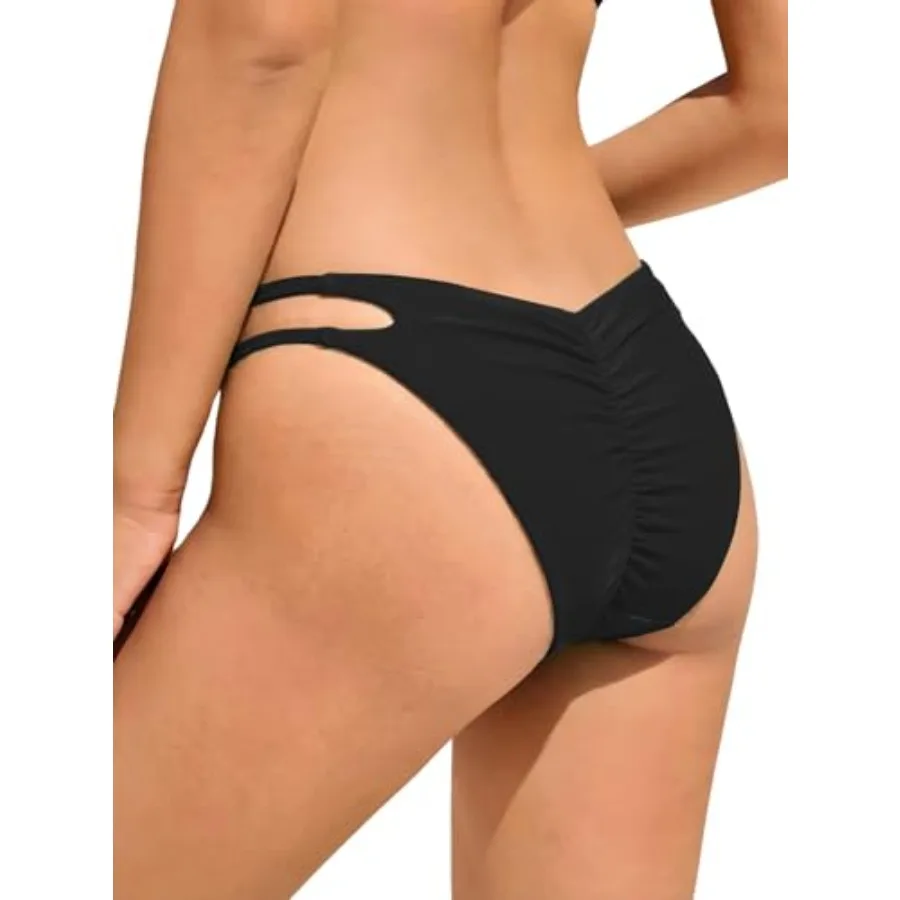 

SherryDC Women's Cheeky High Cut Bikini Bottoms Ruched Back Cutout Swim Bottoms with Adjustable Side Straps