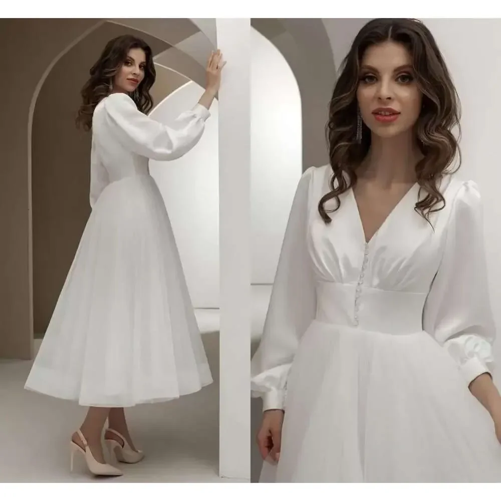 

Simple Long Wedding Dresses Sleeves Beach Bridal Dress Satin Tea Length V Neck Custom Made Plus Size Vestidos De Novia Custom