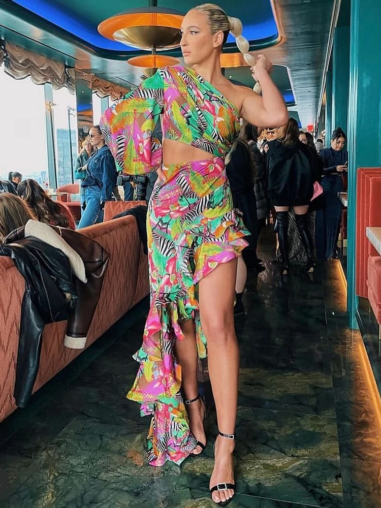 Vestido de festa à noite sexy um ombro floral impresso babados split vestido longo para mulher gola diagonal cortar