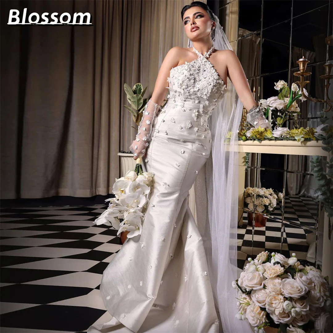 Halter Floral Mermaid Wedding Dresses For Women Sleeveless Gloves High-end Custom Bridal Dress Saudi Arabia Marriage Gowns