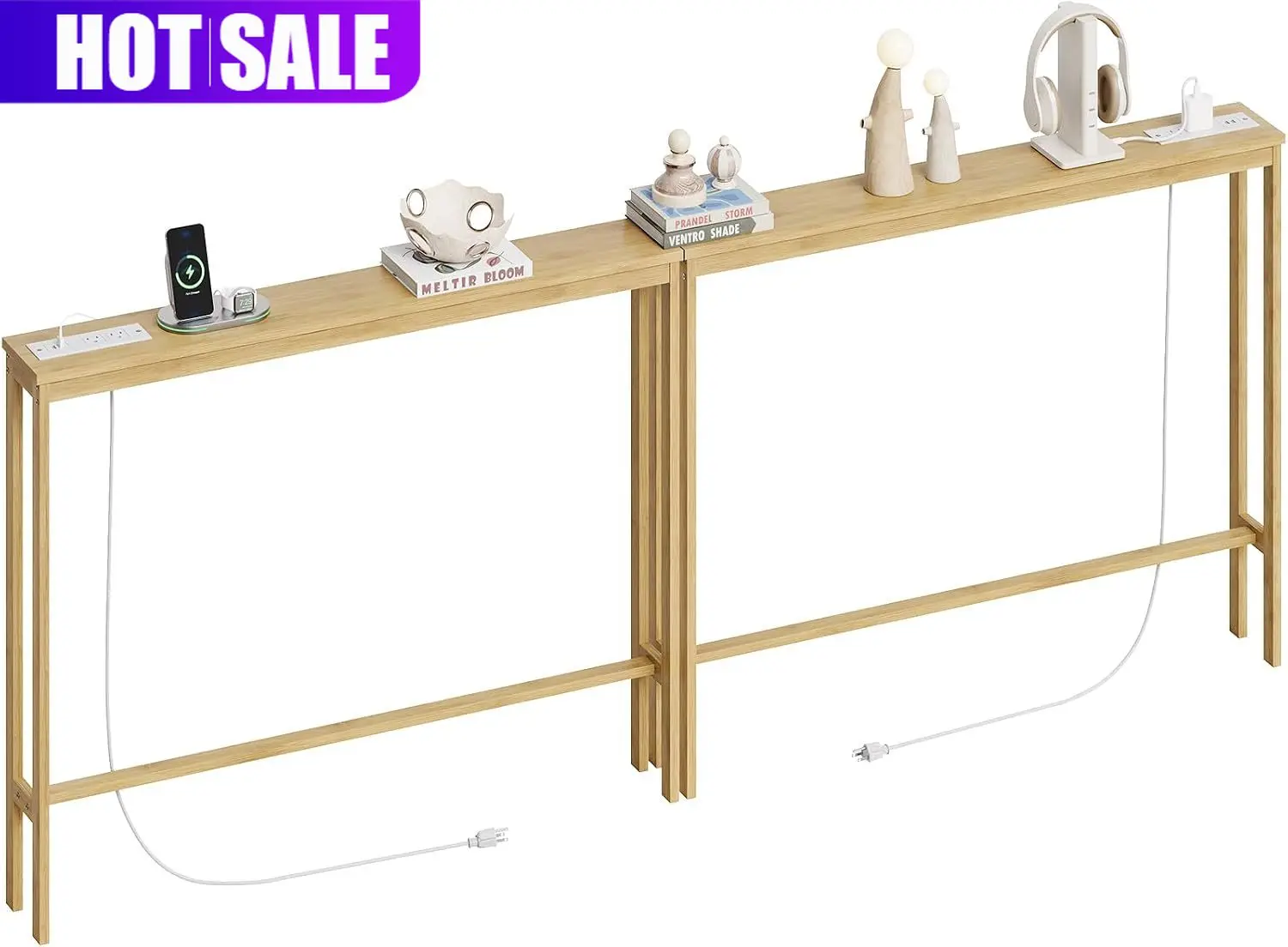 2 Pack Bamboo Console Table, 5.9'' Narrow Sofa Table Behind Couch