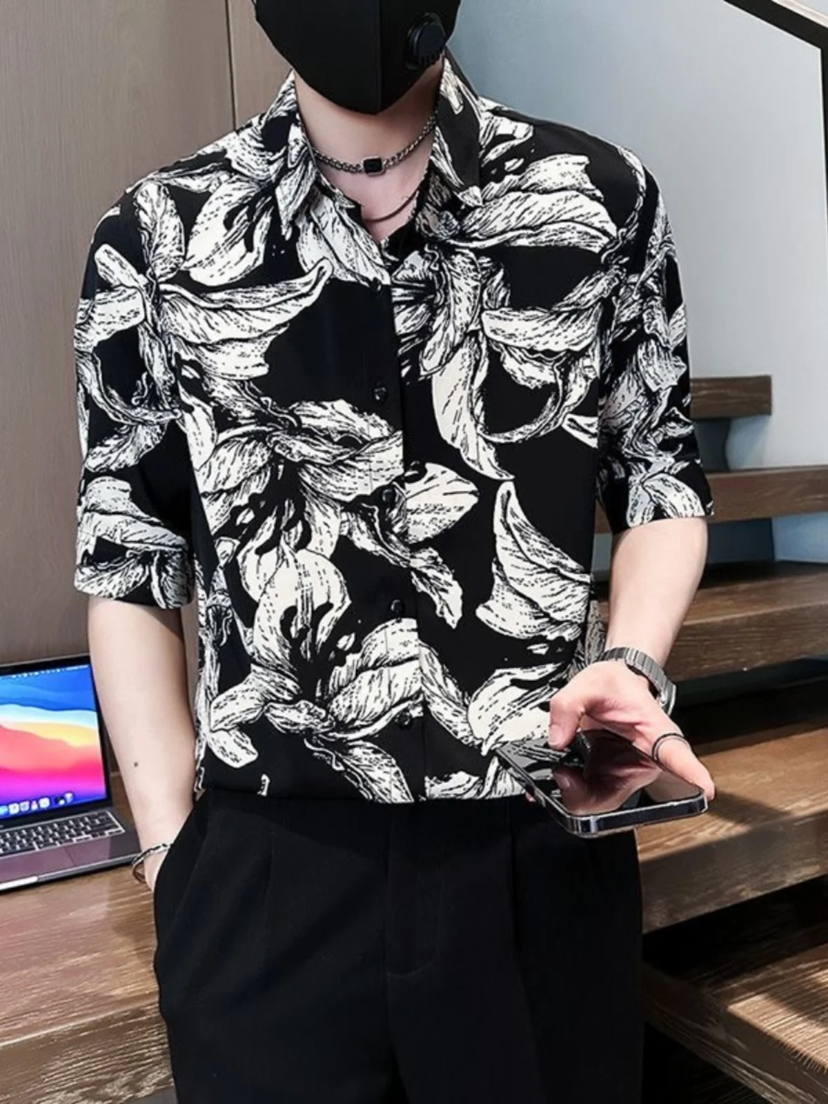 

Ice Silk Flower Men's Casual Shirt Short Sleeve Five-Quarter Length Cool Feeling Summer Fashion Top Loose Fit Printed Youth T...